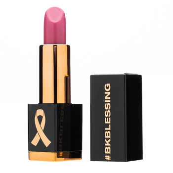 An image of a flirty pink lipstick in a #BKBlessing tube with the cap beside it.